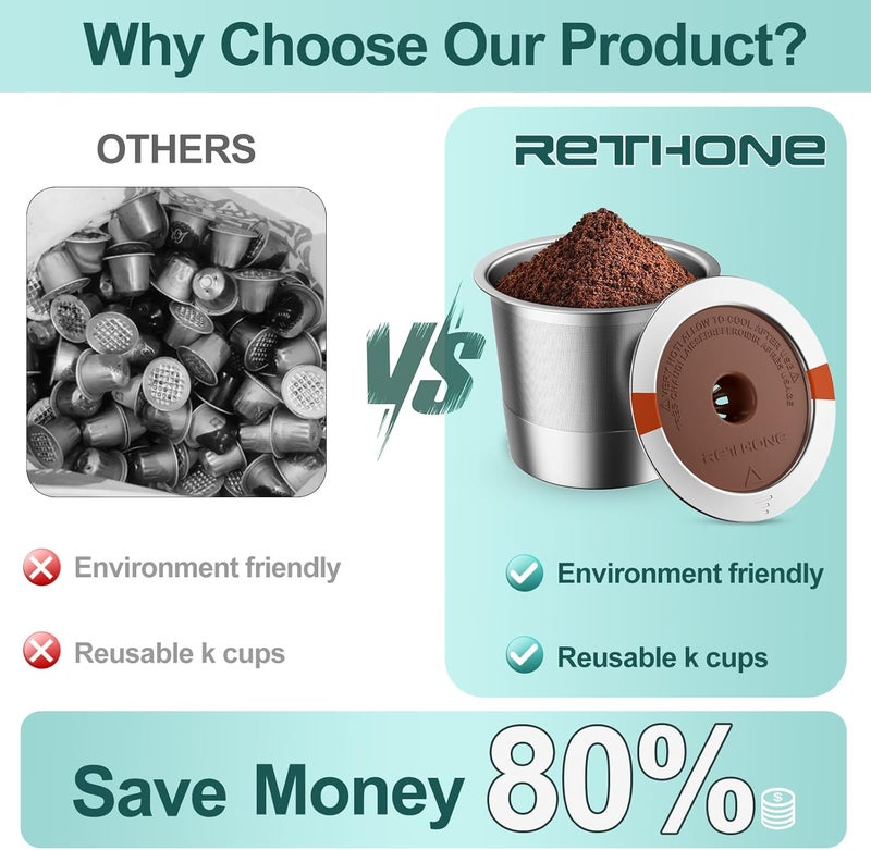 RETHONE K Cup Reusable Coffee Pods, Stainless Steel Reusable K Cups Compatible with Keurig 1.0 & 2.0 Coffee Machines Brewers Refillable K Cups (1 Pack) - Image 3